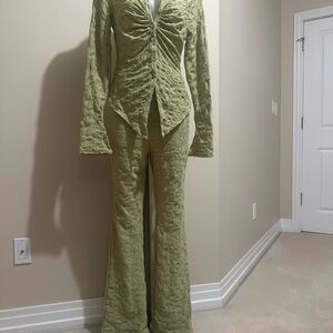 Olive Green Textured Women's Pantsuit